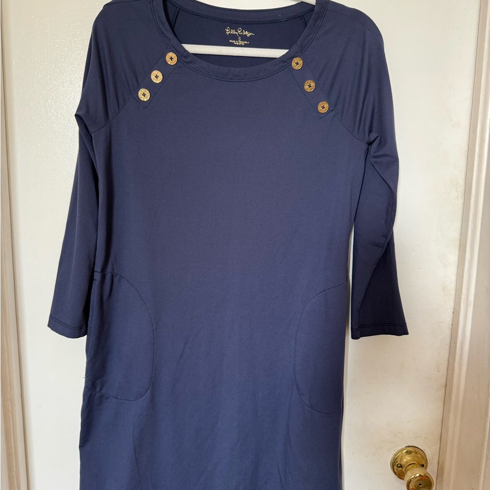 Navy Blue 3/4 Sleeve Dress with Button Accents - Picture 5 of 7